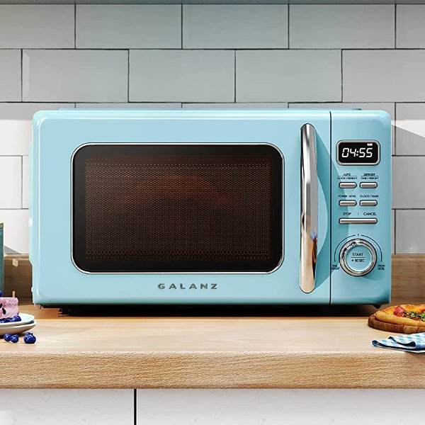 GLCMKZ07BER07 Retro Countertop Microwave Oven with Auto Cook & Reheat, Defrost, Quick Start Functions, Easy Clean with Glass Turntable, Pull Handle.7 cu ft, Blue