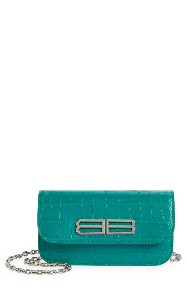 Gossip BB Logo Croc Embossed Leather Wallet on a Chain
