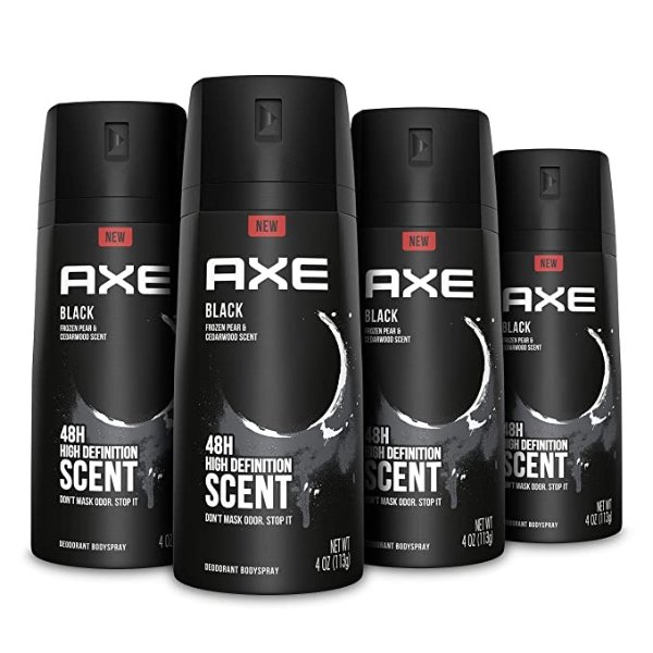 Black Mens Body Spray Deodorant 48hr Odor Protection Frozen Pear & Cedarwood Aluminum Free Deodorant Body Spray, 4 Ounce (Pack of 4)