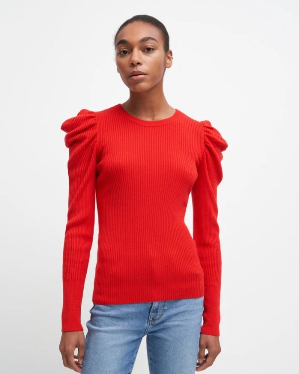 Long Sleeve Puff Shoulder Crewneck In Lava Red