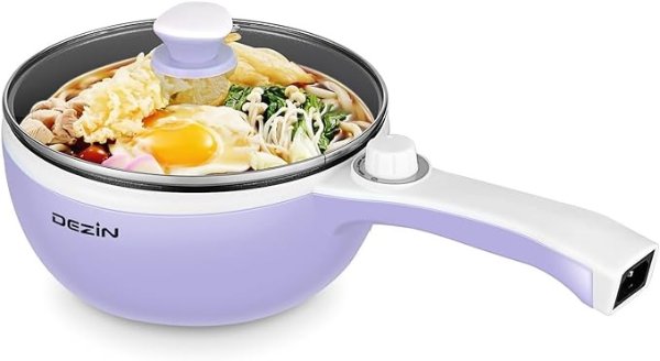 Dezin Electric Cooker Upgraded, Non-Stick Saute Pan, 1.5L Mini Electric Fondue Pot for Cheese, Stir Fry, Roast, Steam with Power Adjustment, Perfect for Ramen, Steak (Egg Rack Included)