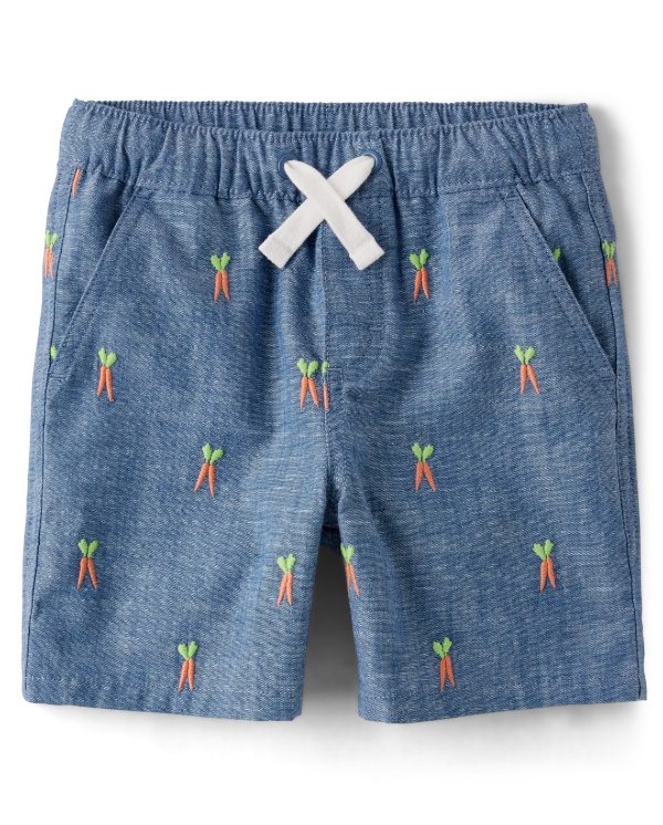 Boys Embroidered Carrot Chambray Woven Pull On Shorts - Spring Celebrations | Gymboree - CITRUS CHAMBRAY