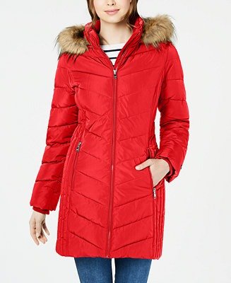 Chevron Faux-Fur Trim Hooded Puffer Coat, Created for Macy's