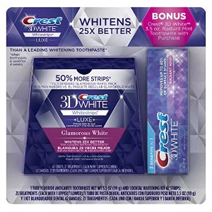 Crest 3D White Luxe Whitestrips Dental Teeth Whitening Strips Kit (21 Treatments) + BONUS Crest 3D White Radiant Mint Toothpaste