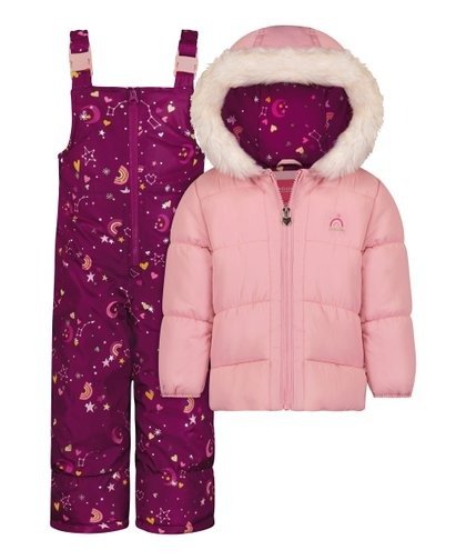 Pink Hooded Puffer Coat & Magenta Celestial Bib Pants - Toddler