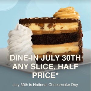 限今天：The Cheesecake Factory 国家芝士蛋糕日活动 所有切片蛋糕