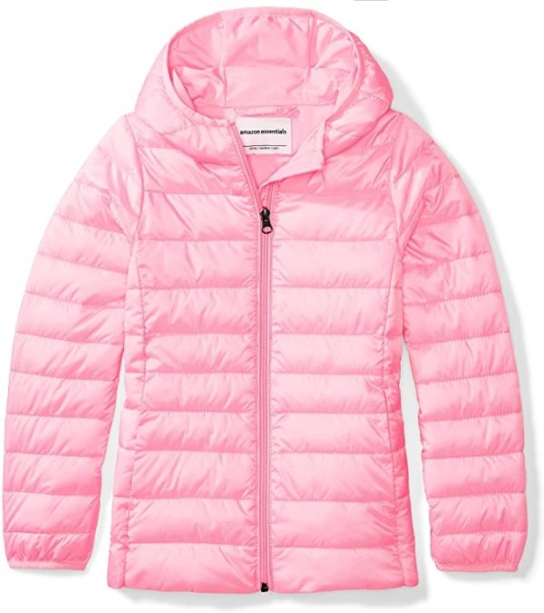 Essentials Girls' Lightweight Water-Resistant Packable Hooded Puffer Jacket