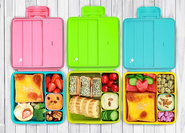 MINCOCO Kids Bento Lunch Box - Lunch Container with Sauce Jar, Spoon&Fork 4-Compartment, On-the-Go Meal and Snack Packing - Leak Proof, Durable, Microwave Safe (Watermelon Pink)