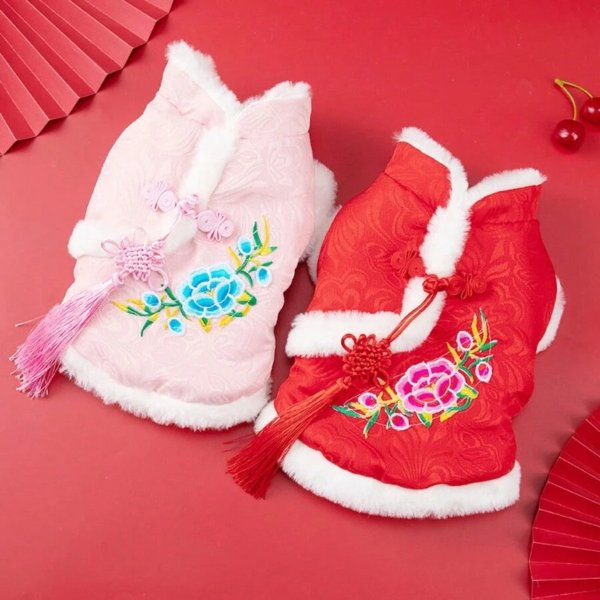 1pc Pet Dog Chinese Style New Year Winter Clothes, For Cat, Teddy, Pomeranian And Small Breeds, Red