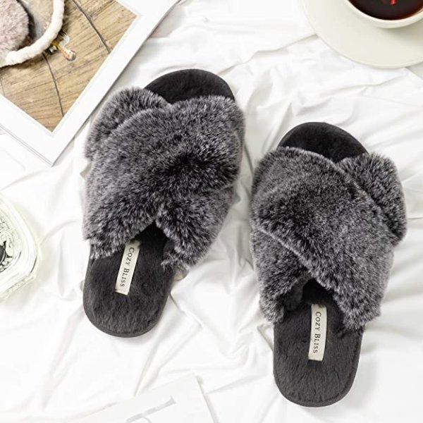 Cozy Bliss Women's Faux Fur Slippers Cross Band Open Toe Breathable Fuzzy Fluffy House Slippers Memory Foam Anti-Skid Sole Indoor Outdoor Slippers