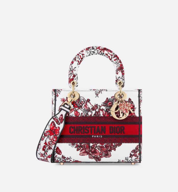 Medium Lady D-Lite Bag White and Red Le Coeur des Papillons Embroidery