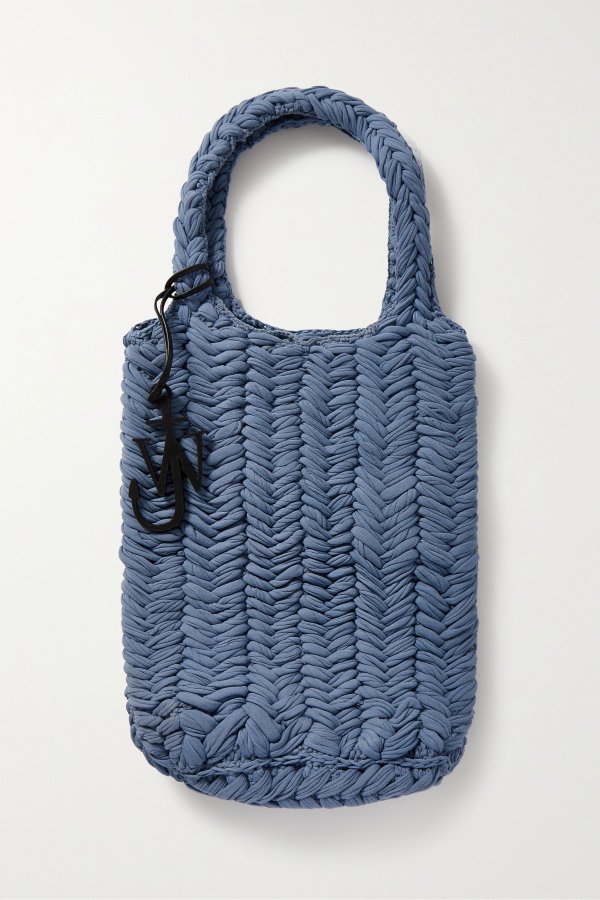 Leather-trimmed crocheted cotton tote