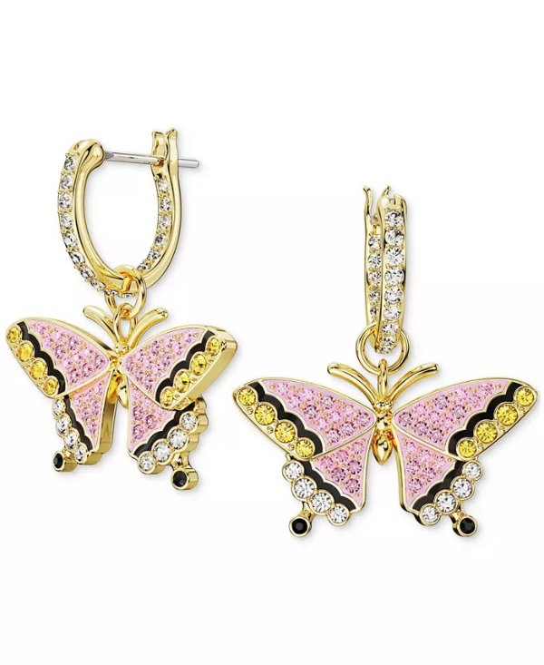 Gold-Tone Multicolor Pave Butterfly Charm Hoop Earrings