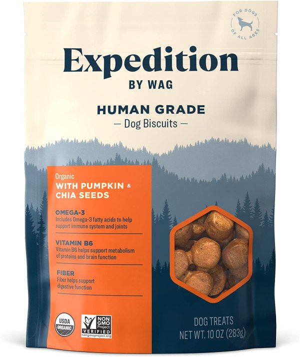 Amazon Brand - Wag Expedition Human Grade Organic Biscuits Dog Treats, Non-GMO, Gluten Free, Pumpkin & Chia Seed, 10oz
