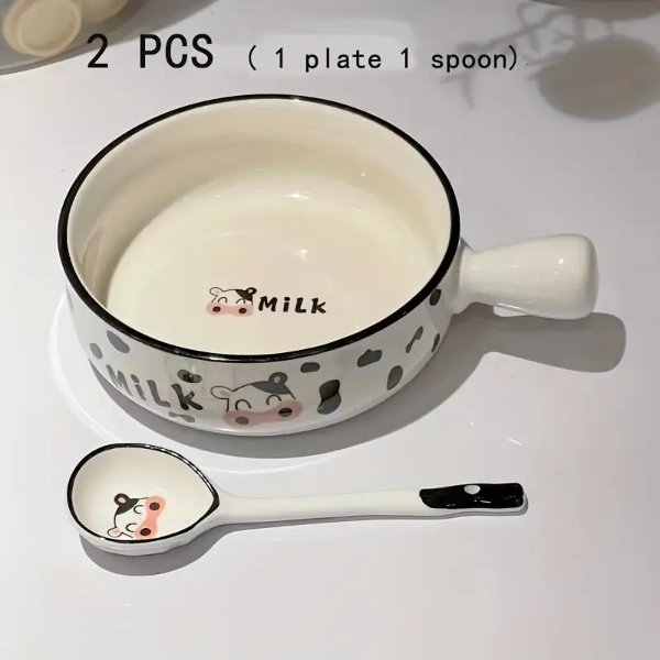 1pc Plate With 1 Spoon, Lovely Ceramic Bowl With Handle - For Noodles, Fruit Salads And Soups, Easy To Clean Porcelain Bowls