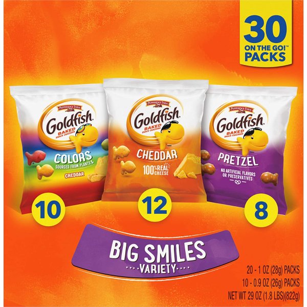 Goldfish Crackers Big Smiles with Cheddar, Colors, and Pretzel Crackers, Snack Packs, 30 Count Variety Pack Box