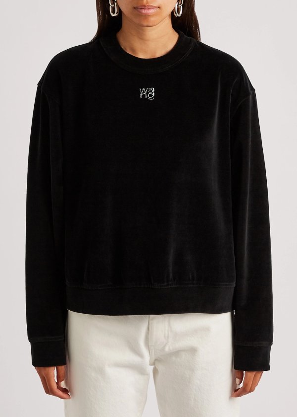 Black logo-embellished velour sweatshirt