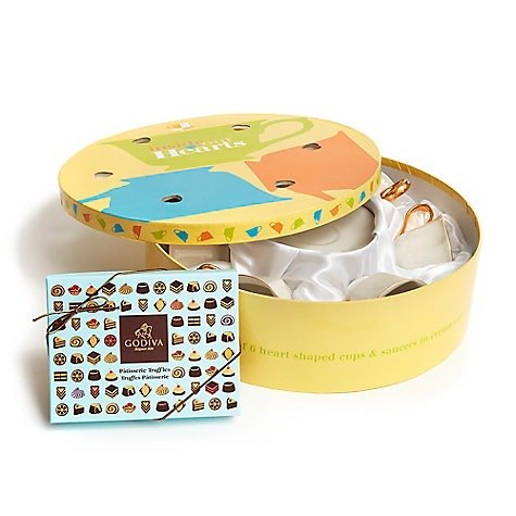 Set of 6 Gold & White Heart Teacups with Patisserie Dessert Truffles Gift Box, 12 pcs. | GODIVA