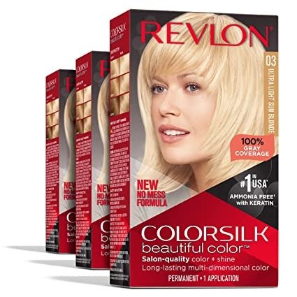 Permanent Hair Color by Revlon, Permanent Blonde Hair Dye, Colorsilk with 100% Gray Coverage, Ammonia-Free, Keratin and Amino Acids, Blonde Shades, 03 Ultra Light Sun Blonde (Pack of 3