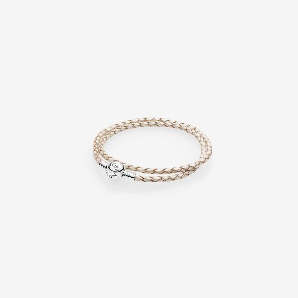 Champagne-Colored Braided Double-Leather Charm Bracelet