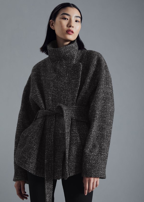 羊毛混纺杂色廓形大衣