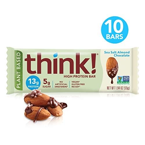 (thinkThin) Vegan/Plant Based High Protein Bars - Sea Salt Almond Chocolate, 13g Protein, 5g Sugar, No Artificial Sweeteners**, Gluten Free, GMO Free*,1.94 Ounce (10 Count) - packaging may vary