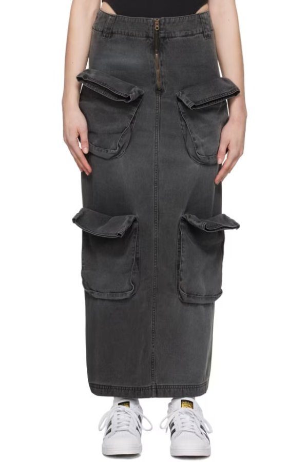 Black Cargo Denim Maxi Skirt