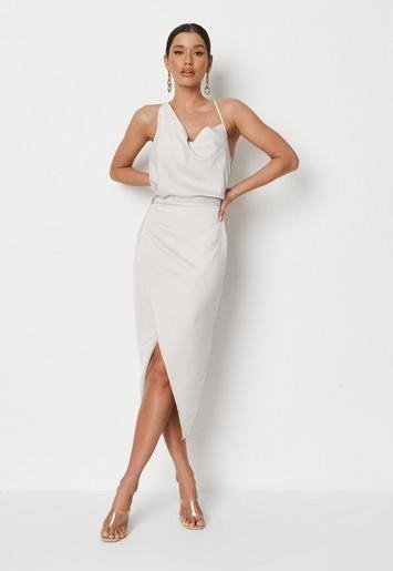 - Cream Satin Drape Asymmetric Strap Midi Dress