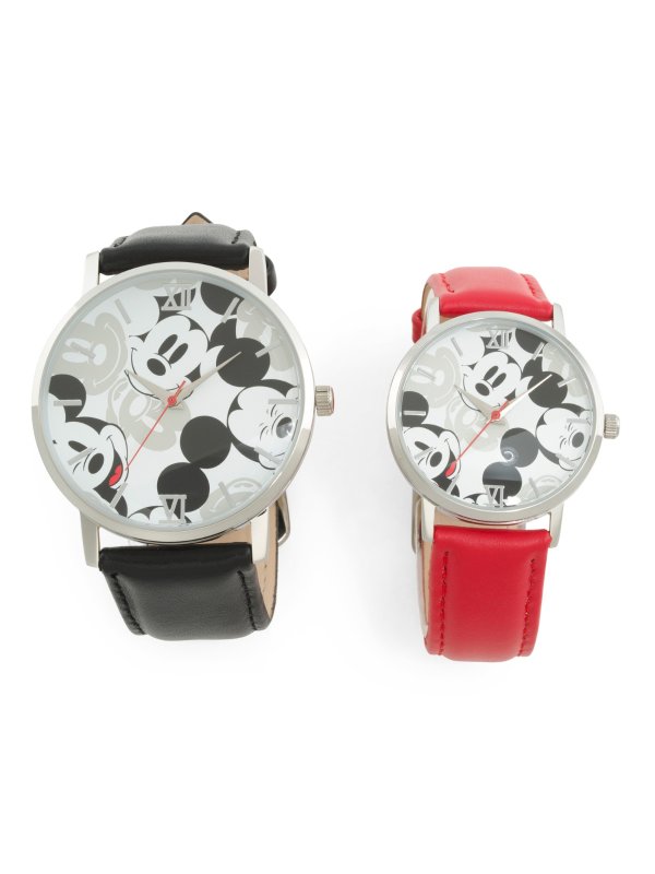 His And Hers Box Set Mickey Mouse Leather Strap Watches