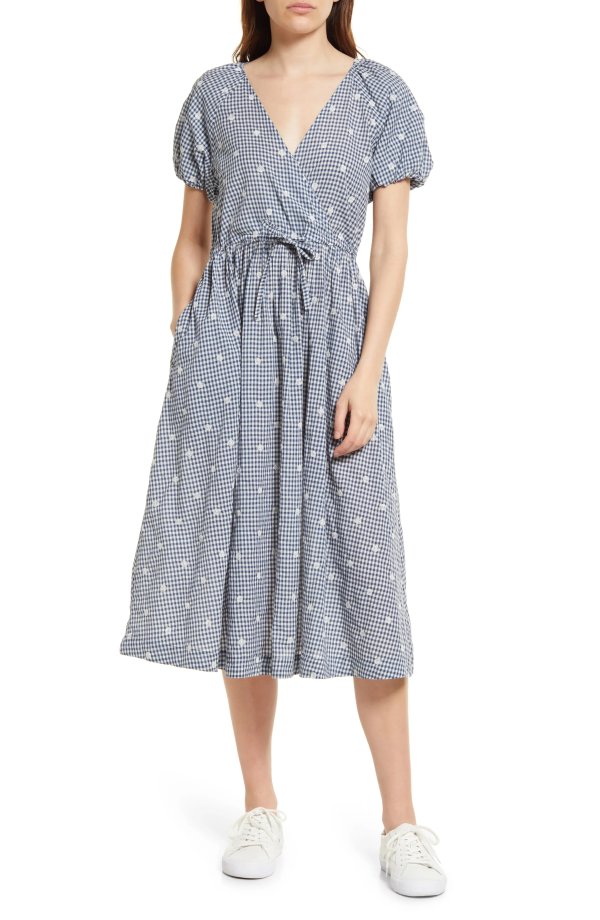 Embroidered Gingham Faux Wrap Tie Waist Midi Dress