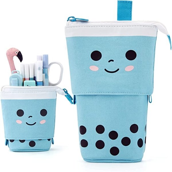 ANGOOBABY Cute Pencil Case Standing Pen Holder Telescopic Makeup Pouch Pop Up Cosmetics Bag Stationery Office Organizer Box for Girls Students Women Adults (Blue)