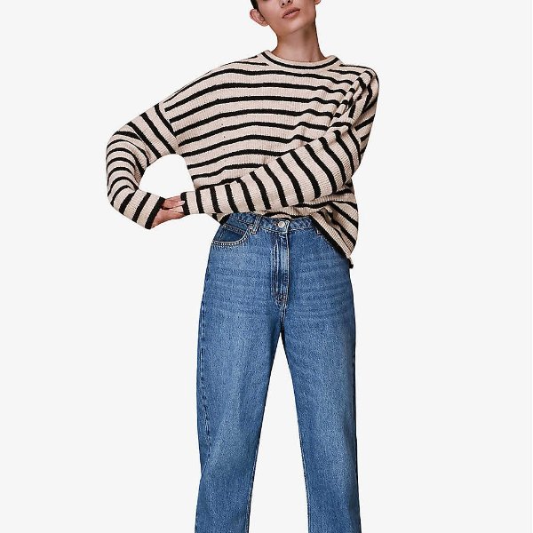 Striped ribbed knitted crewneck jumper