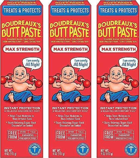 Boudreaux's Butt Paste Maximum Strength Diaper Rash Cream, Ointment for Baby, 4 oz Tube, 3 Pack