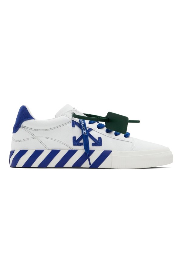 White & Blue Vulcanized Low-Top Sneakers