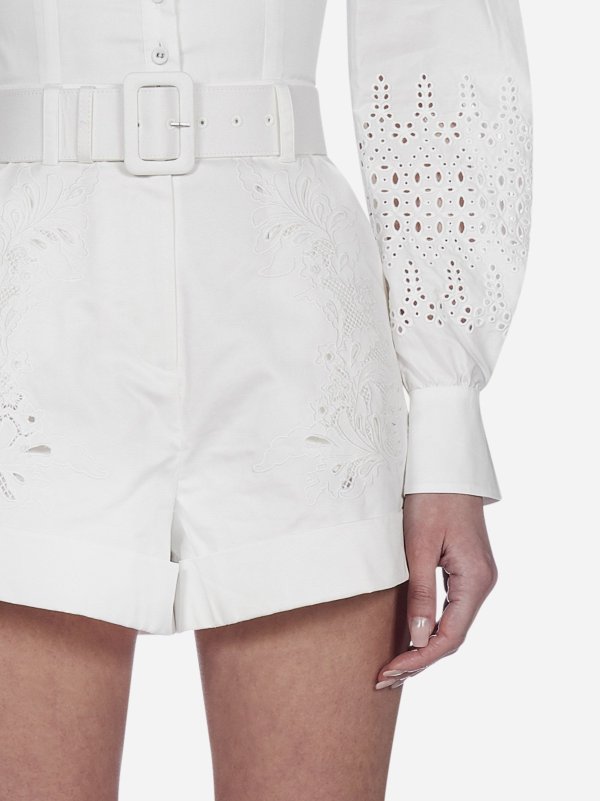 Belted lace cotton shorts