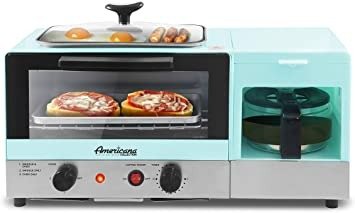 Americana Slice, Griddle with Glass Lid 3-in-1 Breakfast Center Station, 4-Cup Coffeemaker, Toaster Oven with 15-Min Timer, Heat Selector Mode, 2, Blue