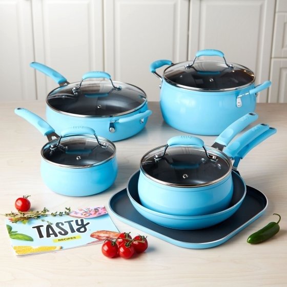Tasty 11pc Cookware Set Non-Stick - Diamond Reinforced - PFOA Free, Blue - Walmart.com