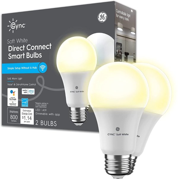 Lighting Cync Soft White Direct Connect A19 LED Smart Light Bulbs with Bluetooth and Wi-Fi, 60W Replacement, Alexa + Google Home Compatible Without Hub, 2-Pack (New for 2021)
