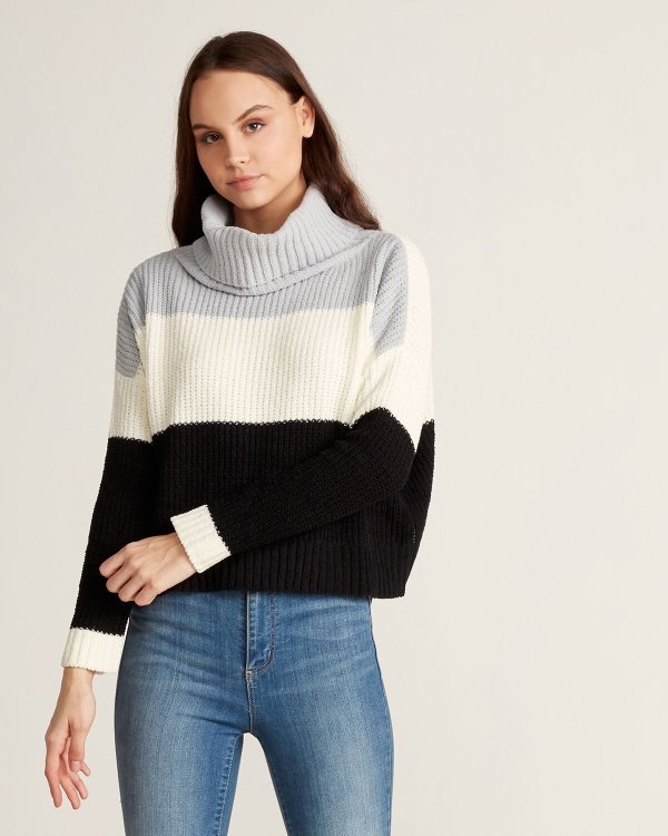 Cowl Neck Chenille Color Block Sweater