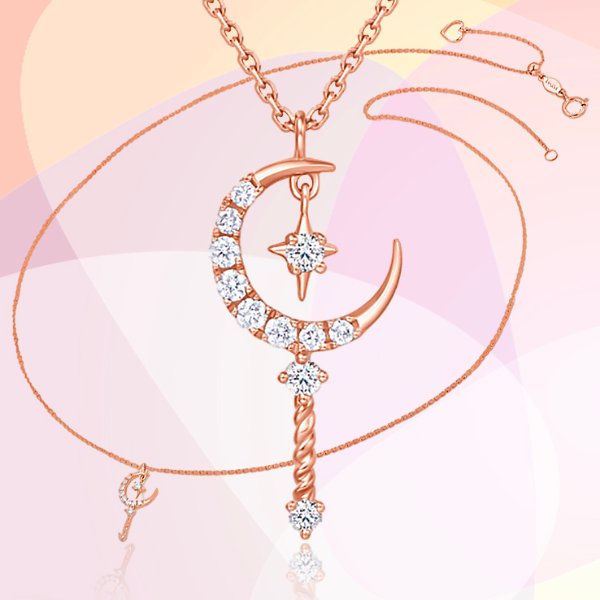 TAI FOOK So-in-Love Collection Natural Diamonds and 18K Rose Gold Fair Wand Necklace - Moon & North Star Mini