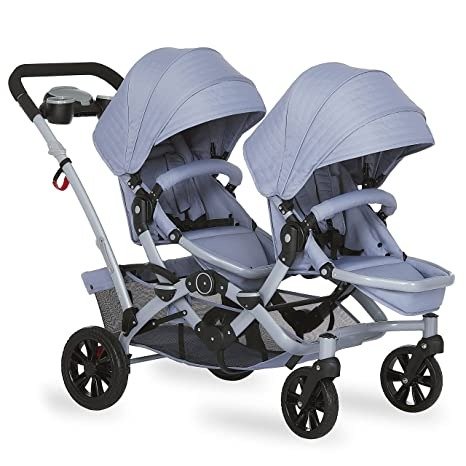 Track Tandem Double Umbrella Stroller in Sky Grey, Lightweight Double Stroller for Infant and Toddler, Multi-Position Reversible & Reclining Seats, Large Storage Basket and Canopy
