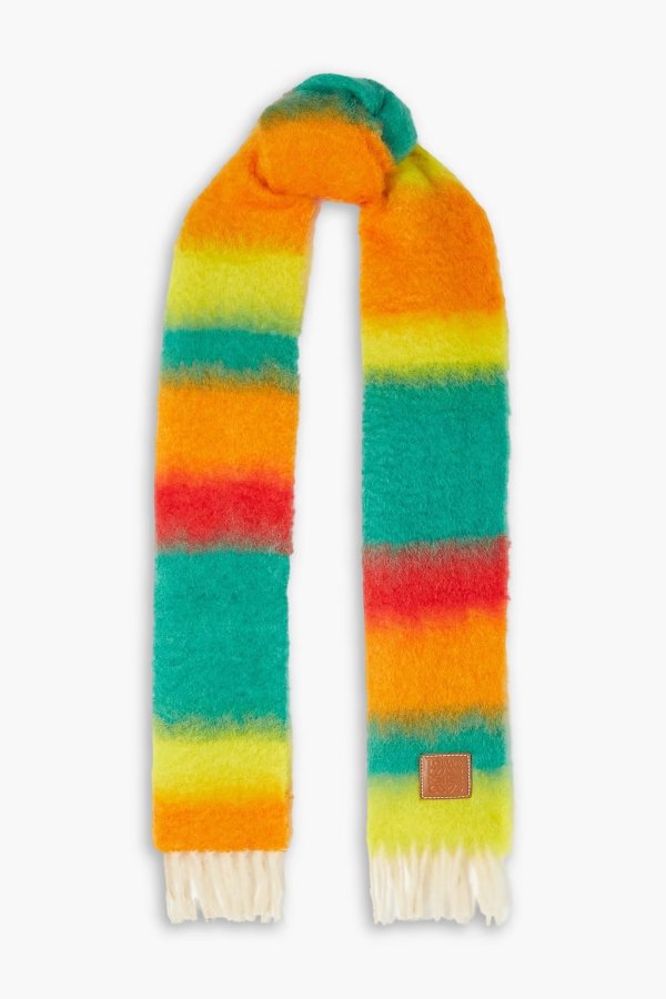 Leather-trimmed fringed striped mohair and wool-blend scarf