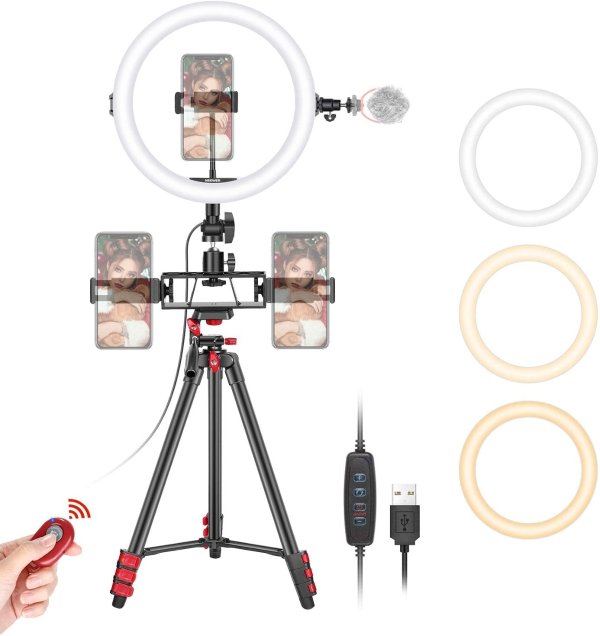 10-Inch Selfie Ring Light with Tripod Stand, 3 Phone Holders, LED Ring Light with Soft Tube & Remote Kit: 3 Mode Lights and 10-Level Brightness for Makeup, YouTube/TikTok Video, Live Streaming