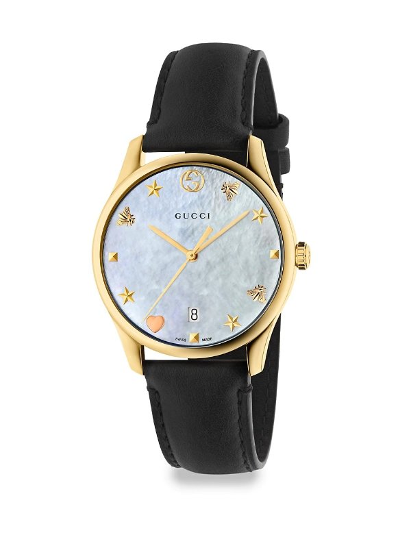 G-Timeless Crystal & Leather Strap Analog Watch