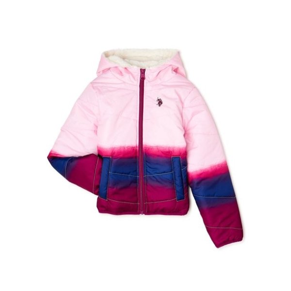Girls’ Dip-Dye Hooded Puffer Jacket with Faux Fur Lining, Sizes 4-16