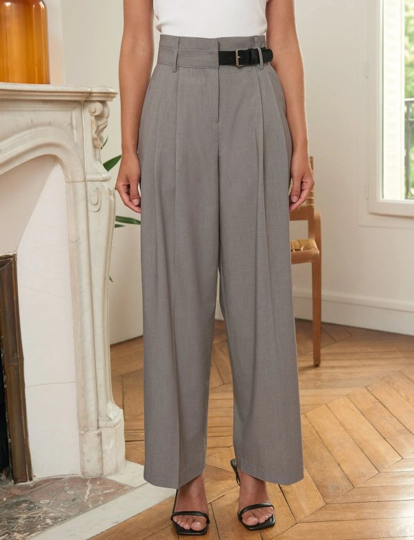 Grey Belted Wide Leg Trousers