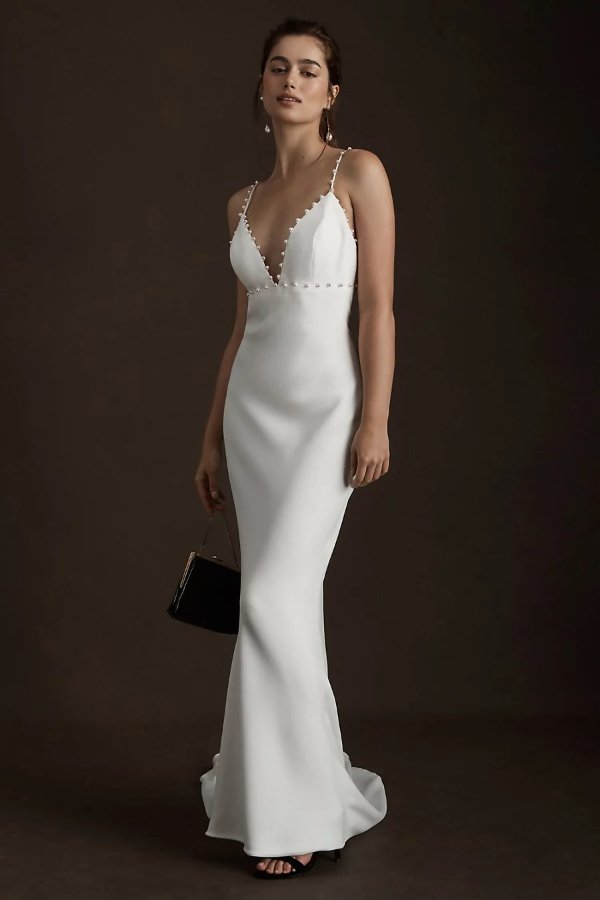 Savannah Miller Dora Pearl-Trimmed V-Neck Crepe Wedding Gown