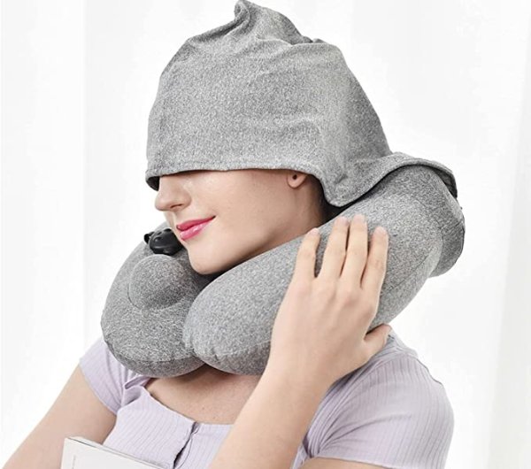 Inflatable Travel Pillow,Neck Pillow with Hoodie,Travel Pillows for Airplanes Car Sleeping Neck Support Pillow Removable Washable Foldable Neck Pillows for Travel,Gray