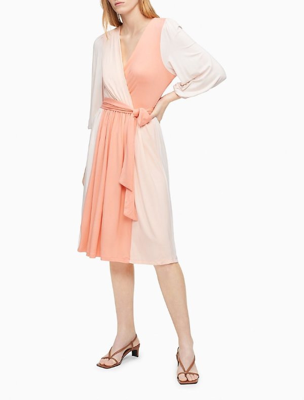 Colorblock V-Neck 3/4 Sleeve Belted Wrap Dress
