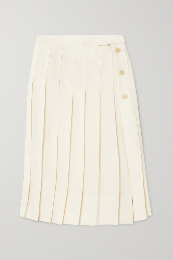 Cutout pleated linen midi skirt